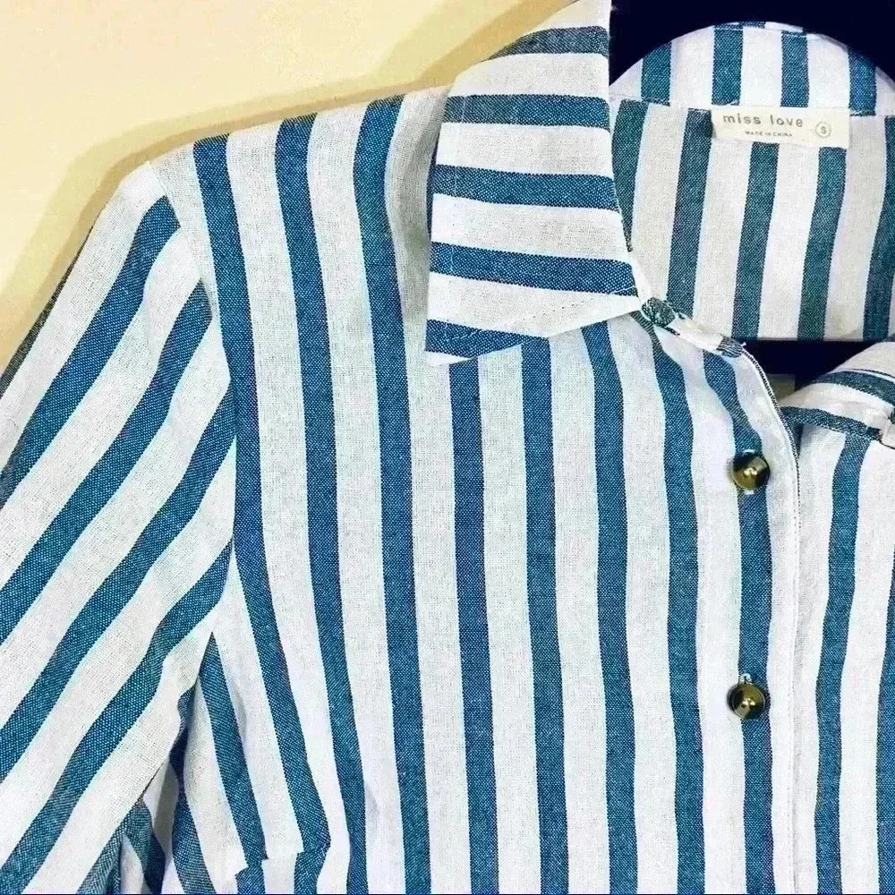 Miss Love Blue/White Stripe Collared Long Sleeve Button Down Tie Crop Top (S) - Picture 6 of 12